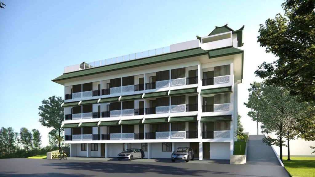 Architectural rendering of Arcelon Suites in Jimbaran, Bali, a four-storey residence with balconies and a green tiled roof