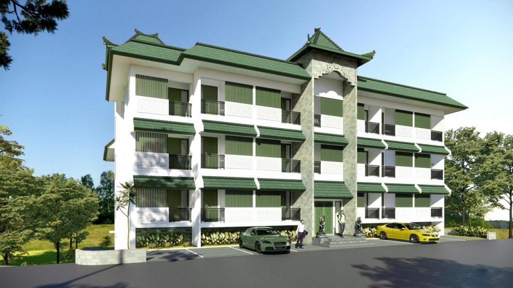 Architectural rendering of the Arcelon Suites entrance in Jimbaran, Bali, seen from the driveway