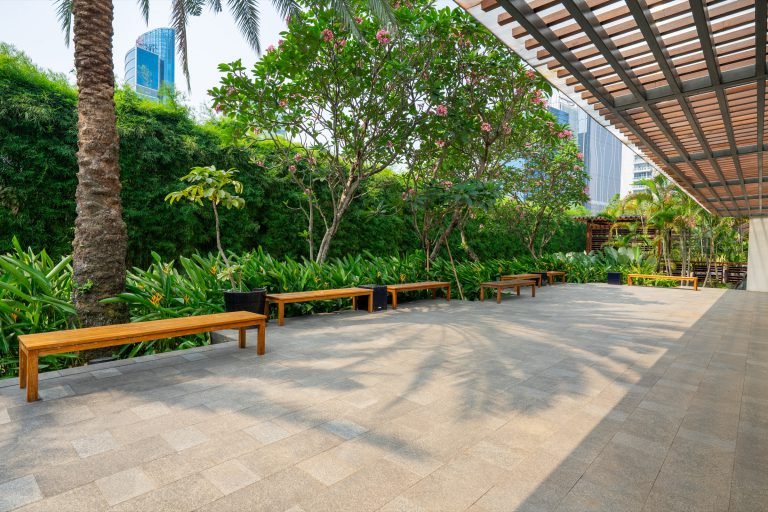 Timber benches along a shaded walkway beneath a slatted pergola, tropical planting on both sides