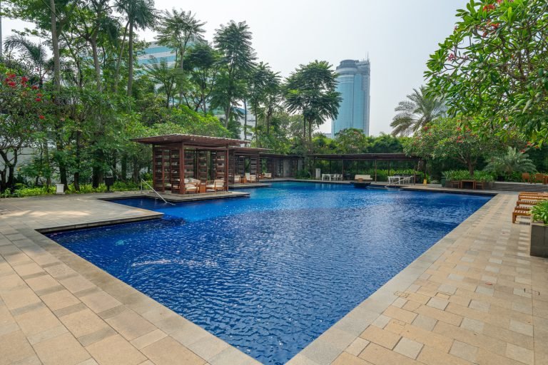 Rectangular outdoor swimming pool bordered by paving, tropical planting and a timber pergola, with office towers beyond