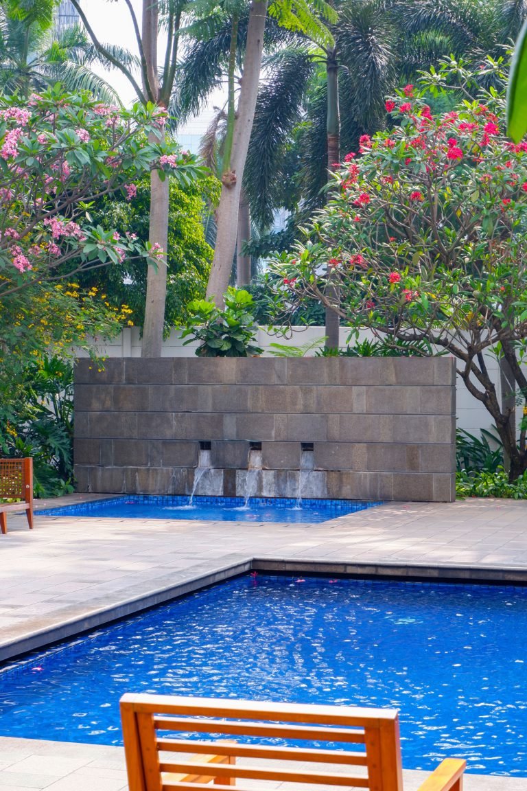 Water feature spilling into the swimming pool, surrounded by flowering shrubs